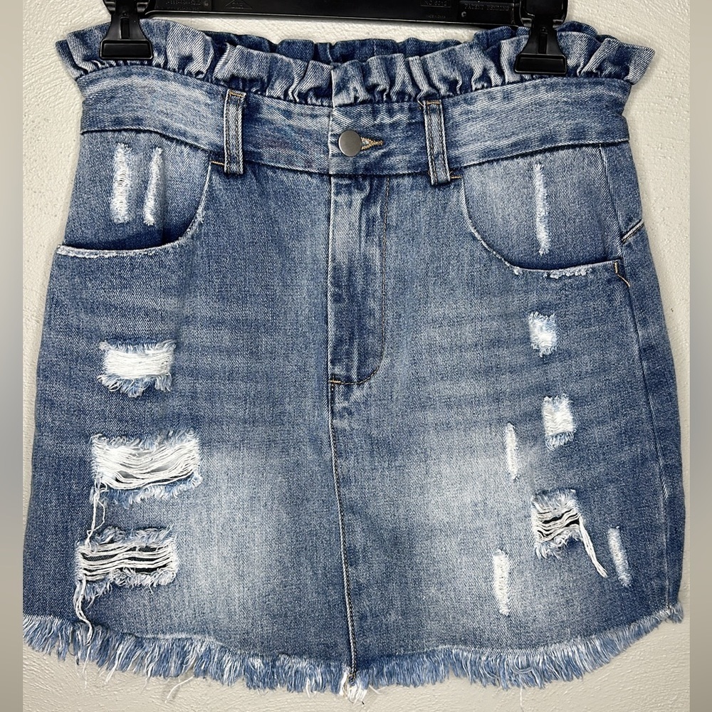 HAYDEN Blue Distressed Denim Mini Skirt W/ Paper bag waist